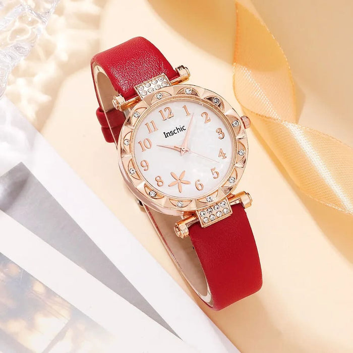 6pcs Set Red Luxury Quartz Watch Women Ring Necklace