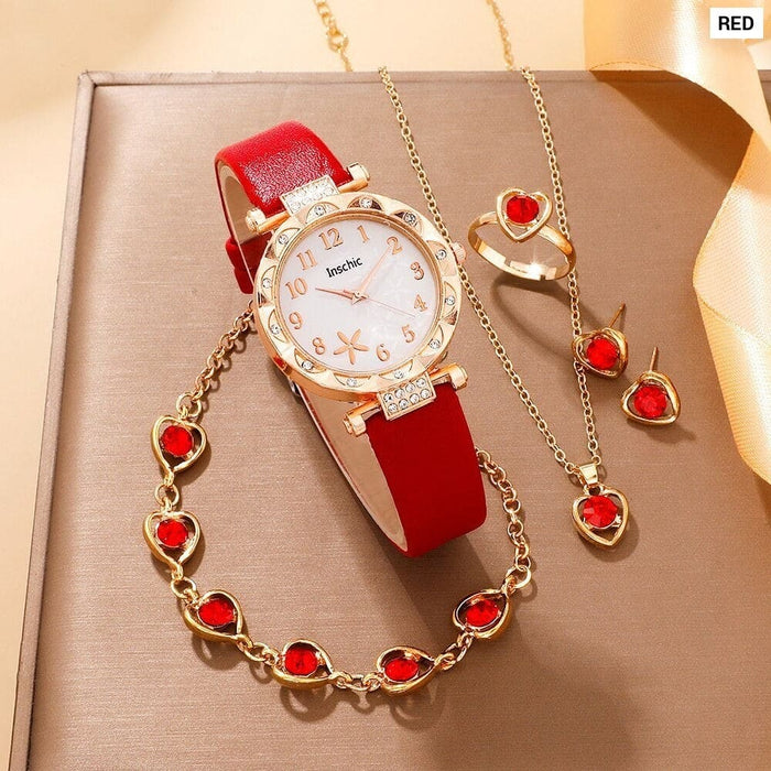 6pcs Set Red Luxury Quartz Watch Women Ring Necklace