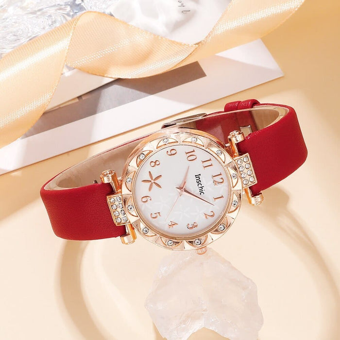 6pcs Set Red Luxury Quartz Watch Women Ring Necklace