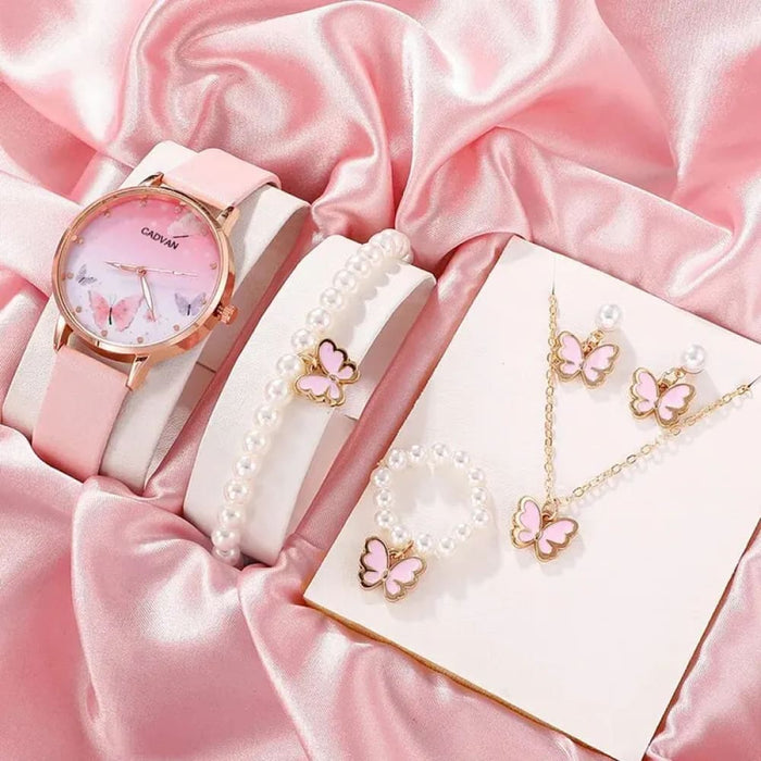 6pcs Set Womens Quartz Watch With Pink Butterfly Dial