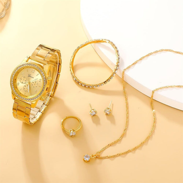 6pcs Set Watch Women Ring Necklace Earring Rhinestone