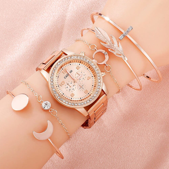 6pcs Set Women Rose Gold Luxury Quartz Watch Rhinestone