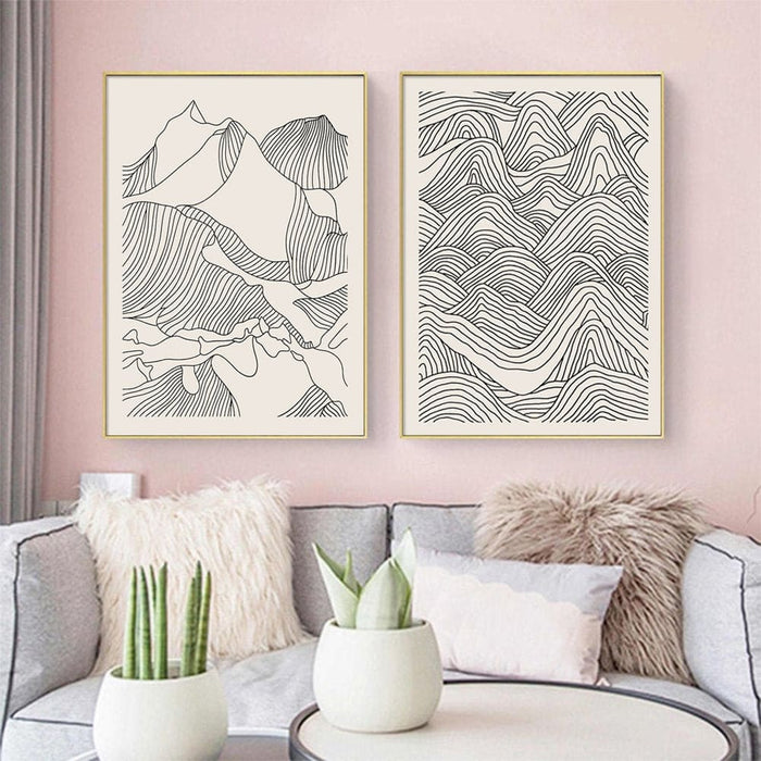 70cmx100cm Line Art Mountain 2 Sets Gold Frame Canvas Wall