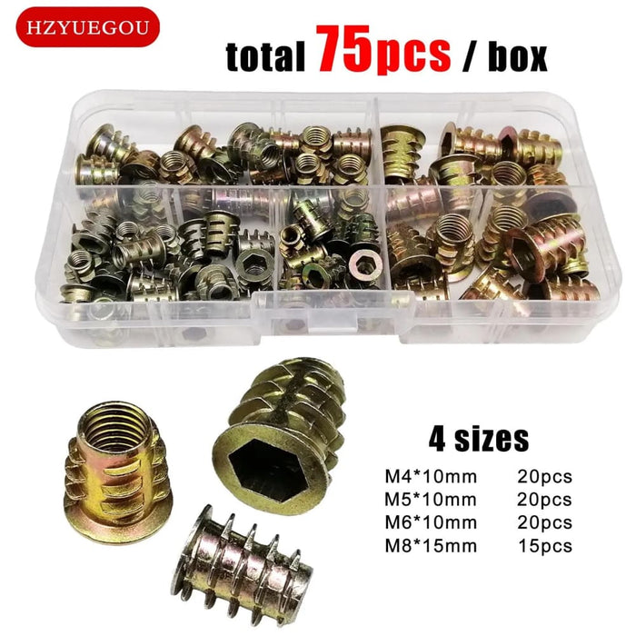 75pcs Mix Size Insert Nut Set Kit For Furniture M4 M5 M6 M8