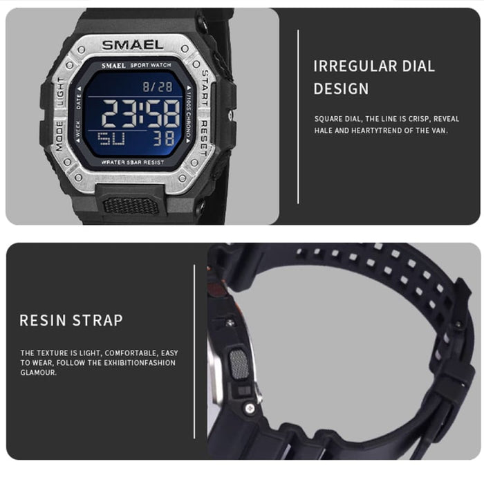 8 In 1 Led Digital Waterproof Watch With Stainless Steel