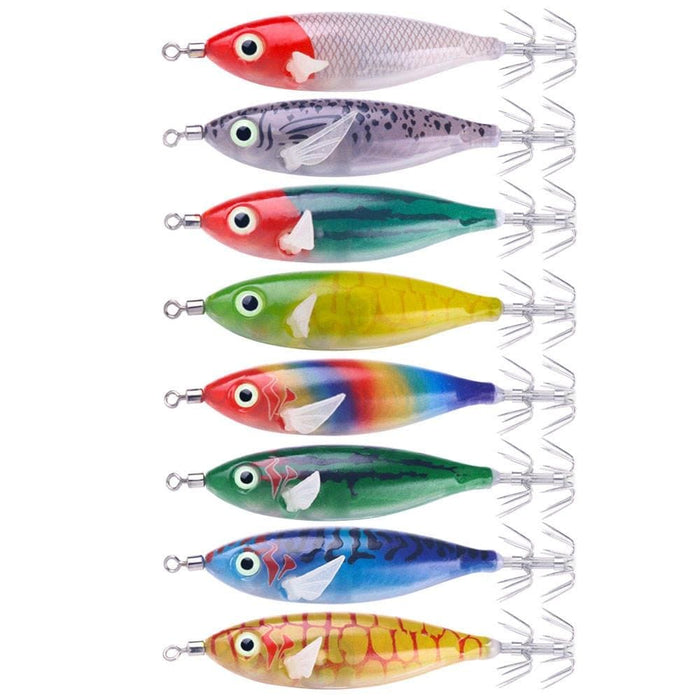 8 Piece Wooden Shrimp Bait Set With Night Light Squid Hook