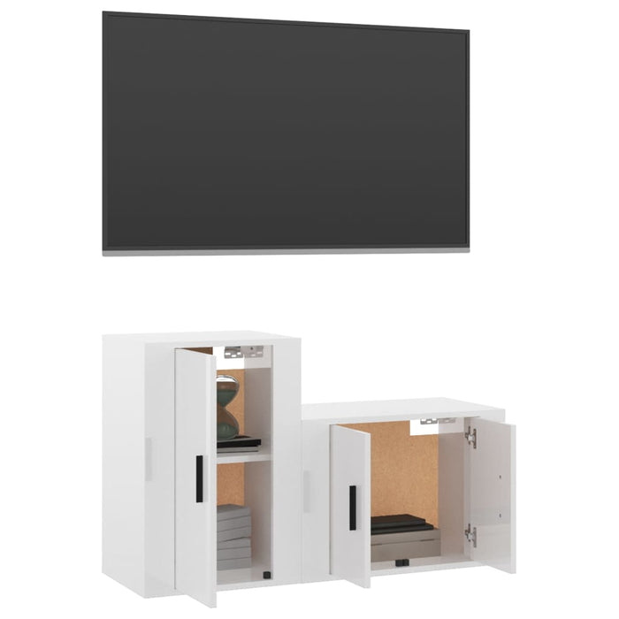 2 Piece Tv Cabinet Set Glossy Look White Engineered Wood Tonntkx