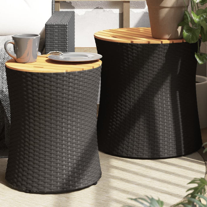 Garden Side Tables 2 Pcs With Wooden Top Black Poly Rattan Tllxnn