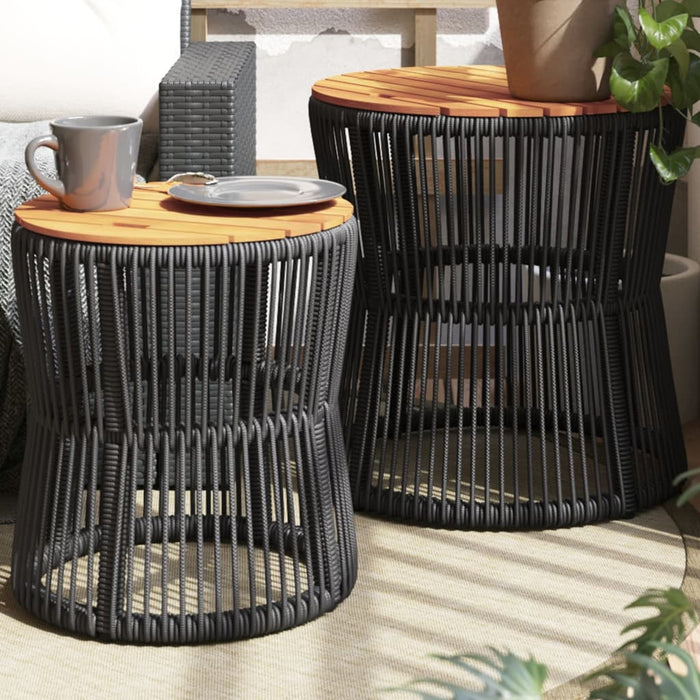 Garden Side Tables 2 Pcs With Wooden Top Black Poly Rattan Tllxko