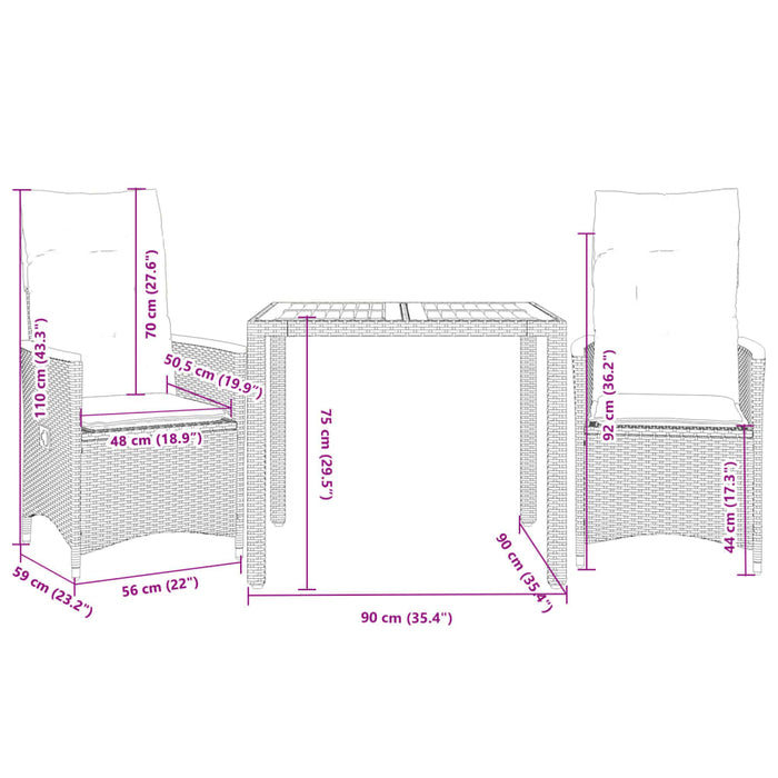 3 Piece Bistro Set With Cushions Grey Poly Rattan Txilnat