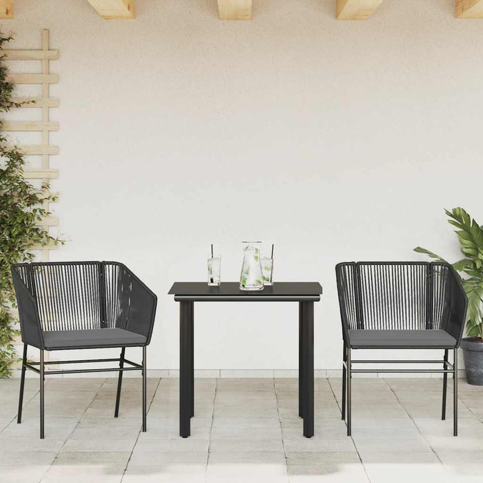 3 Piece Garden Dining Set With Cushions Black Poly Rattan Glass Tttaloo