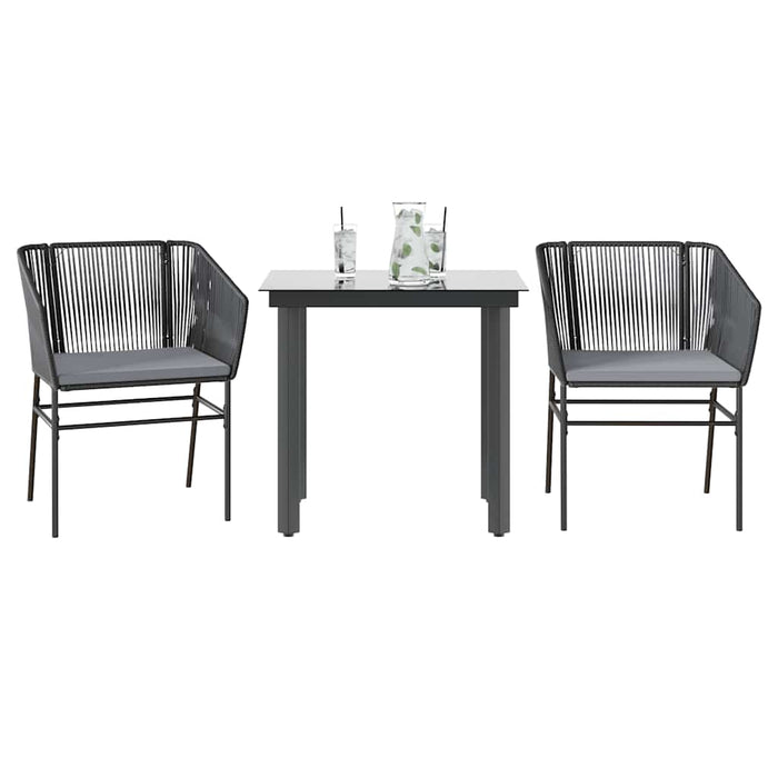 3 Piece Garden Dining Set With Cushions Black Poly Rattan Glass Tttaloo