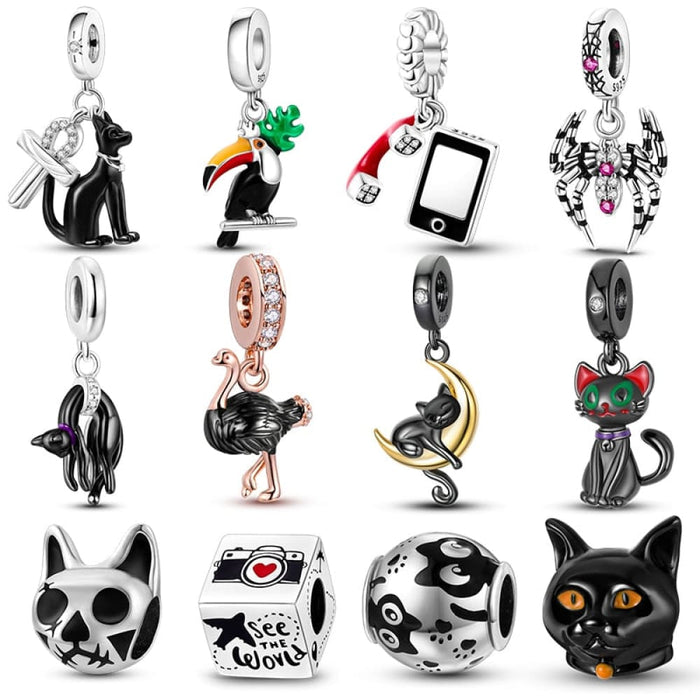 925 Silver Black Cat Spider Charms Beads Fit Pandora