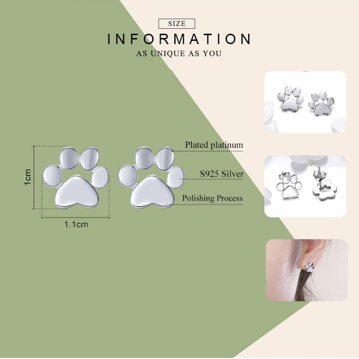 925 Sterling Silver Animal Paw Dog Cat Footprints Stud