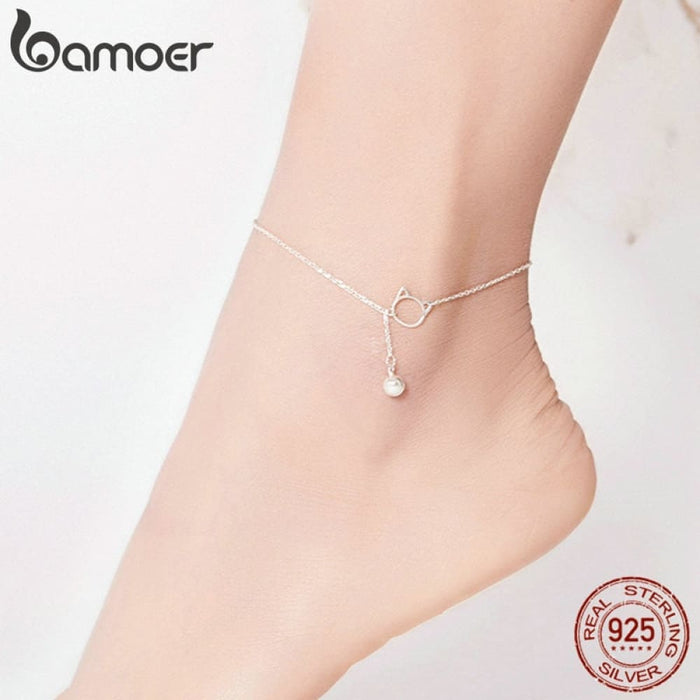 925 Sterling Silver Bell And Cat Anklets For Women