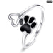 925 Sterling Silver Black Dog Paw Open Ring Zircon Cute