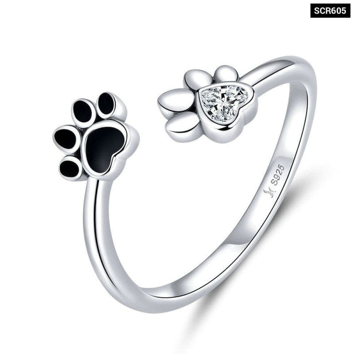 925 Sterling Silver Black Dog Paw Open Ring Zircon Cute