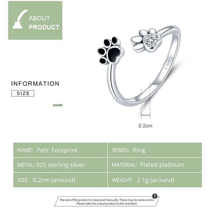 925 Sterling Silver Black Dog Paw Open Ring Zircon Cute