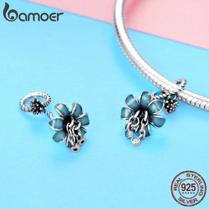 925 Sterling Silver Blue Enamel Flower Pendant Charms Fit