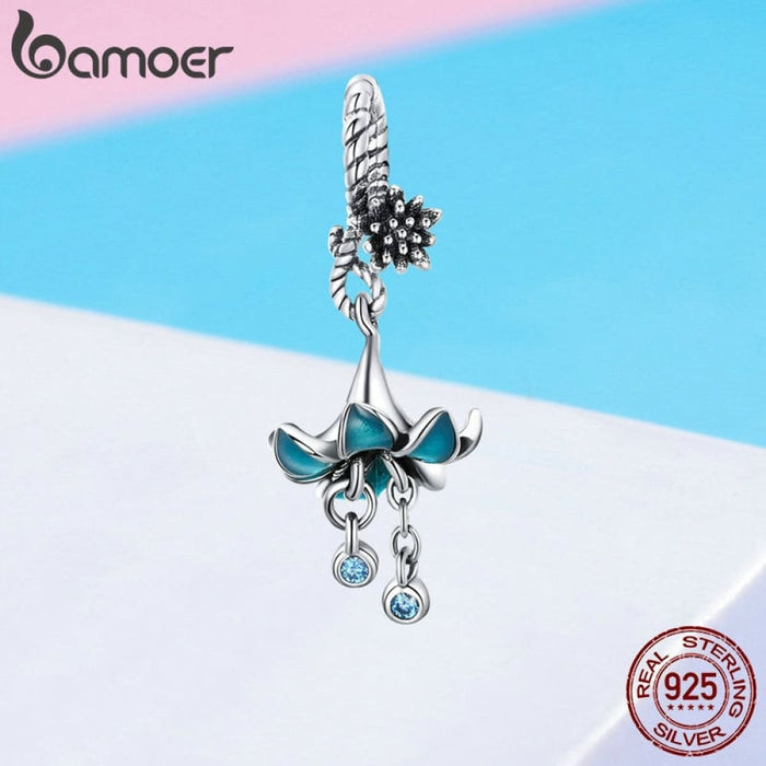 925 Sterling Silver Blue Enamel Flower Pendant Charms Fit