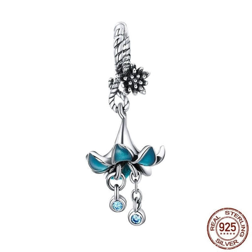 925 Sterling Silver Blue Enamel Flower Pendant Charms Fit