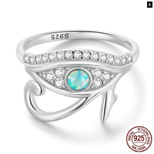 925 Sterling Silver Blue Opal Lucky Eye Of Horus Ring Pave