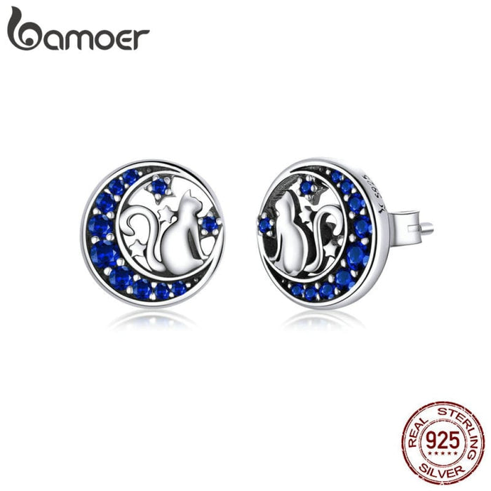 925 Sterling Silver Blue Zircon Crescent Moon Stud Earrings