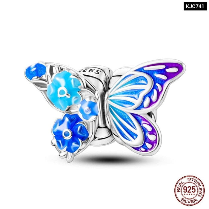 925 Sterling Silver Butterfly Flower Blue Zircon Charms