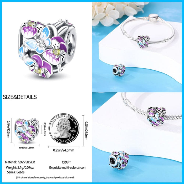 925 Sterling Silver Butterfly Flower Blue Zircon Charms