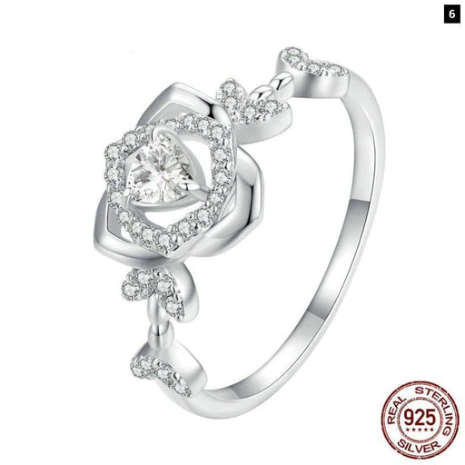 925 Sterling Silver Clear Zircon Rose Finger Ring Flower