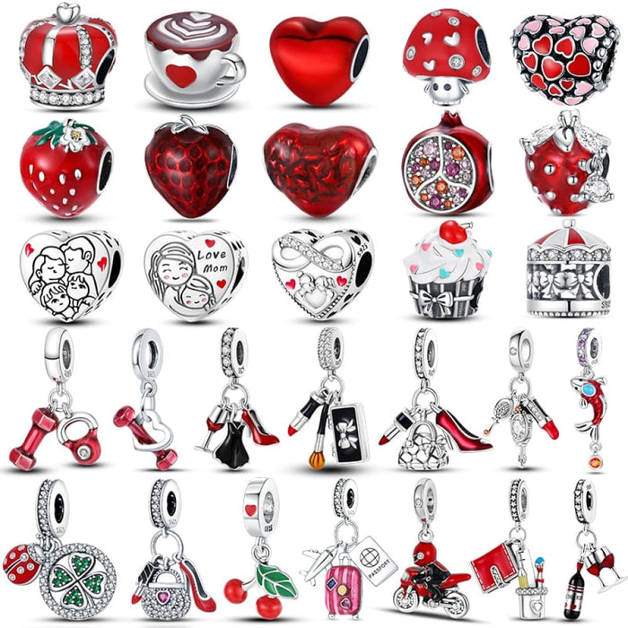 925 Sterling Silver Red Colour Series Heart Shape Charms