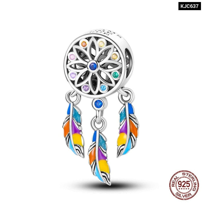 925 Sterling Silver Colourful Dreamcatcher Charms Beads Fit