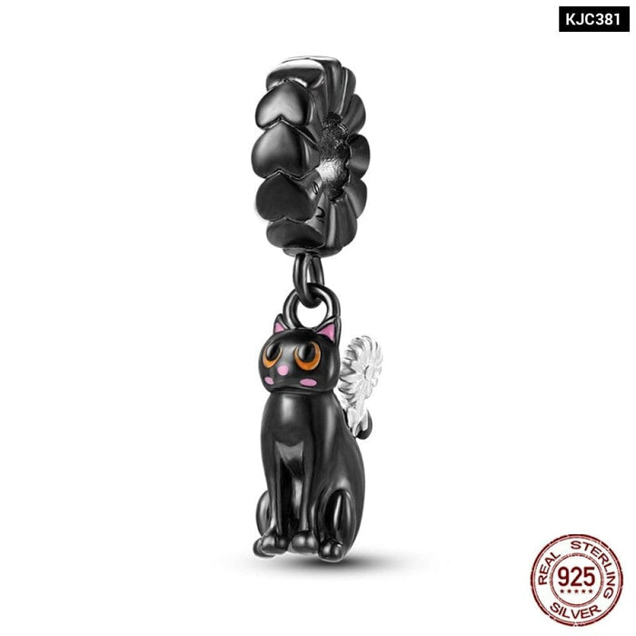 925 Sterling Silver Cute Black Cat Pet Charms Beads Fit