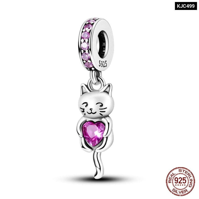 925 Sterling Silver Cute Black Cat Pet Charms Beads Fit