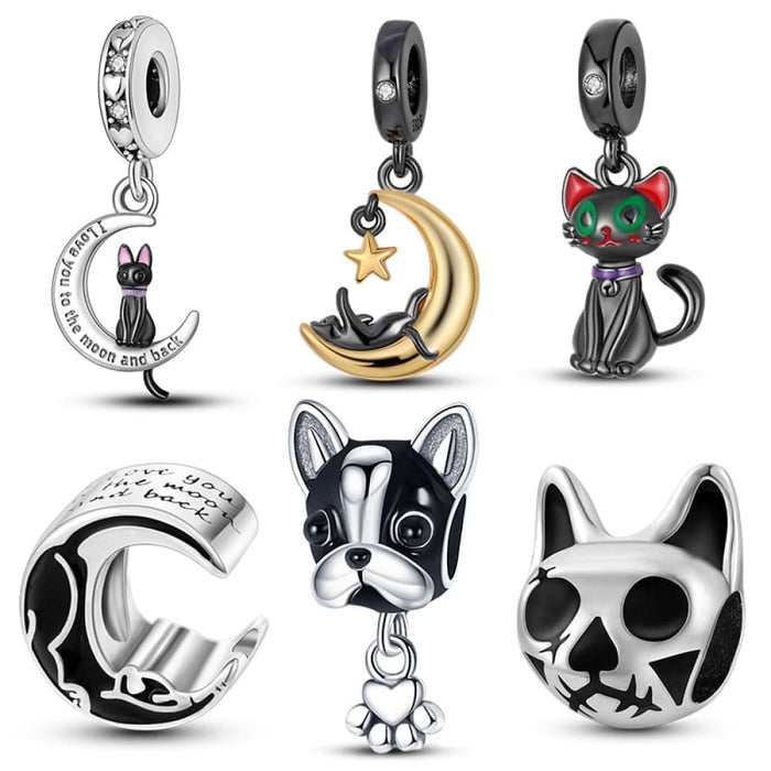 925 Sterling Silver Cute Black Cat Pet Charms Beads Fit