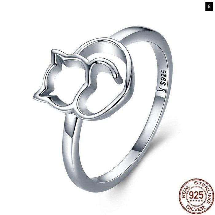 925 Sterling Silver Cute Little Cat & Heart Finger Ring