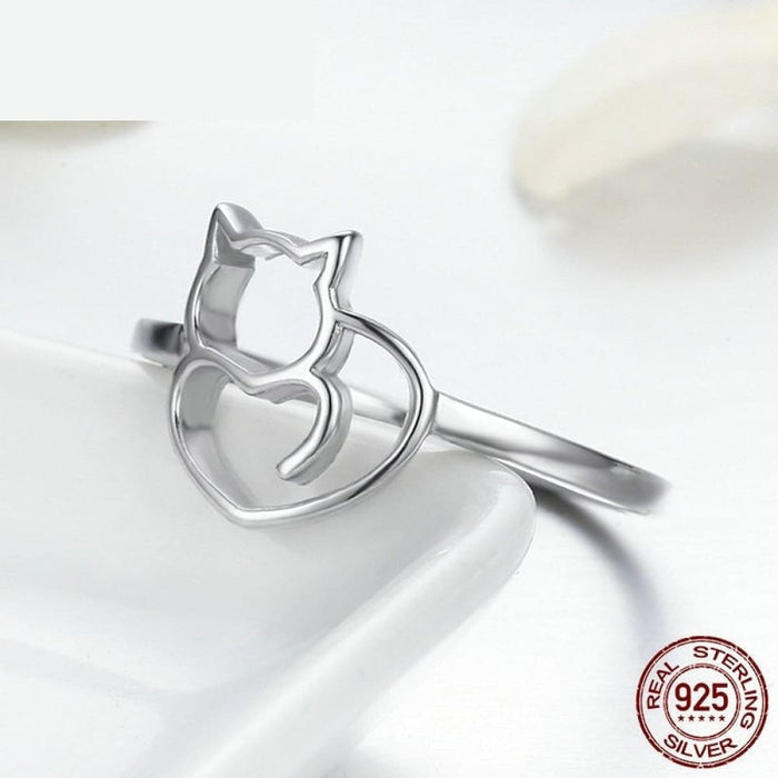 925 Sterling Silver Cute Little Cat & Heart Finger Ring