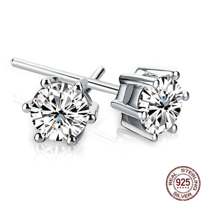 925 Sterling Silver Cz Stud Platinum Plated Six Prong Round