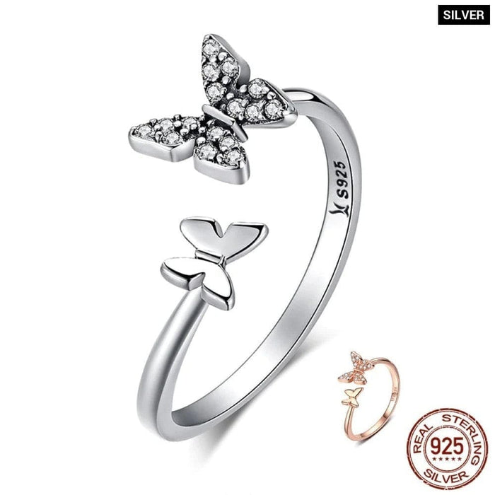 925 Sterling Silver Dazzling Cz Butterfly Open Finger Ring