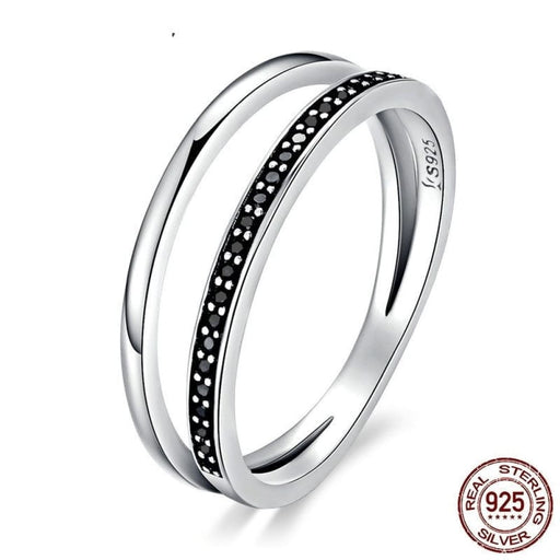 925 Sterling Silver Double Circle Black Clear Cz Stackable