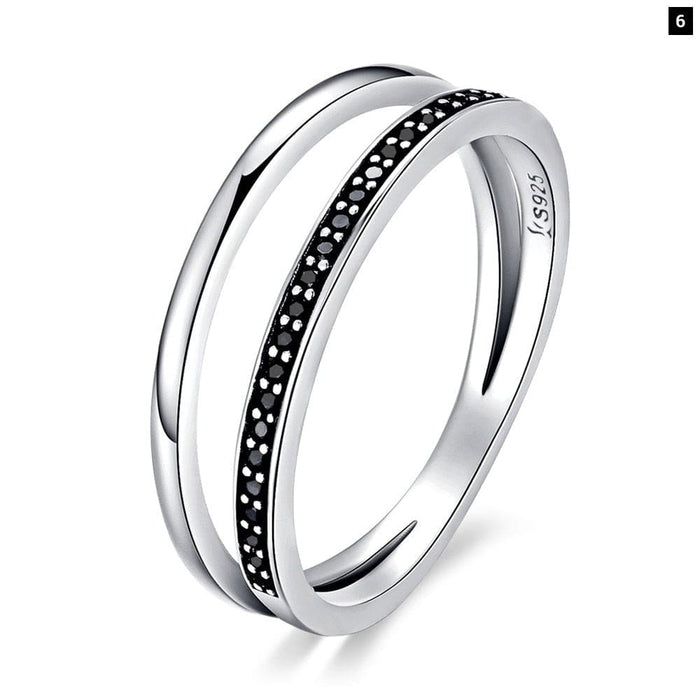 925 Sterling Silver Double Circle Black Clear Cz Stackable