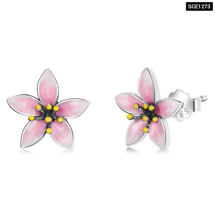 925 Sterling Silver Elegant Enamel Pink Cherry Blossom Stud