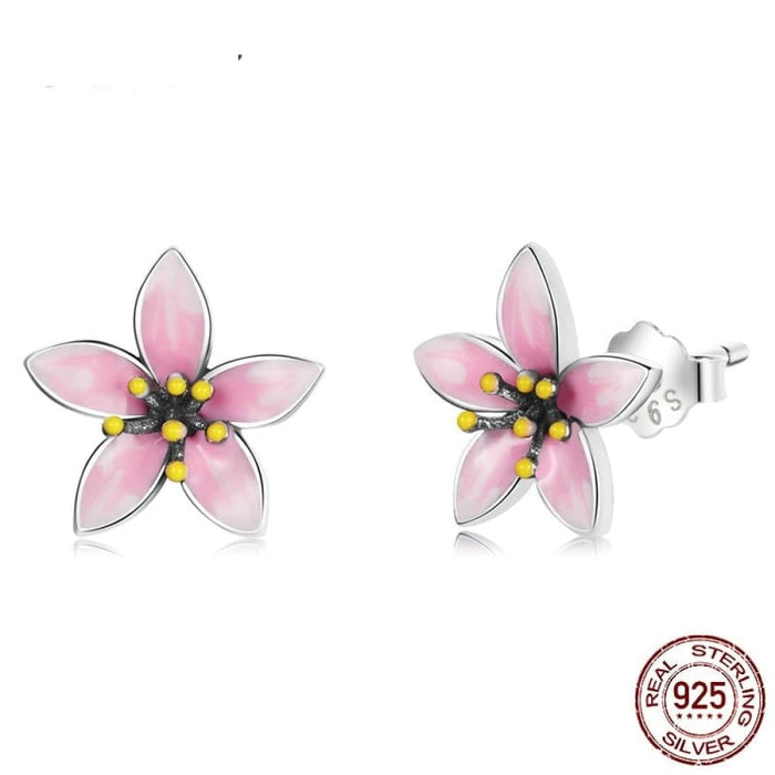 925 Sterling Silver Elegant Enamel Pink Cherry Blossom Stud