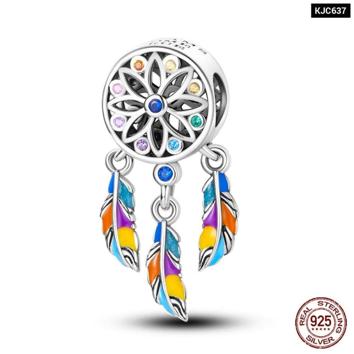 925 Sterling Silver Feather Dreamcatcher Tassel Charms