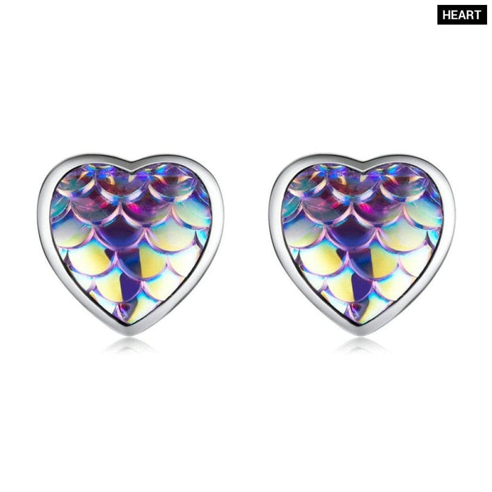 925 Sterling Silver Fish Scale Heart Stud Earrings For Women