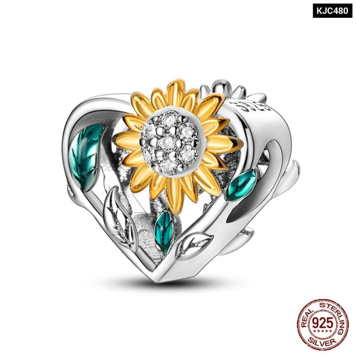 925 Sterling Silver Golden Sunflowers Heart Charms Beads