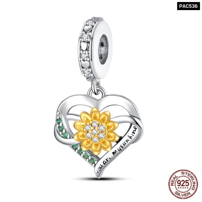 925 Sterling Silver Golden Sunflowers Heart Charms Beads