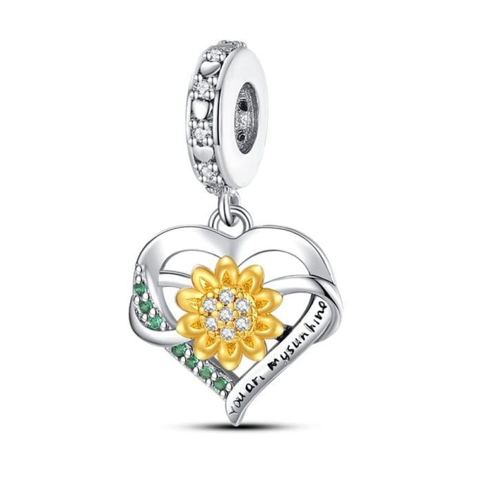 925 Sterling Silver Golden Sunflowers Heart Charms Beads