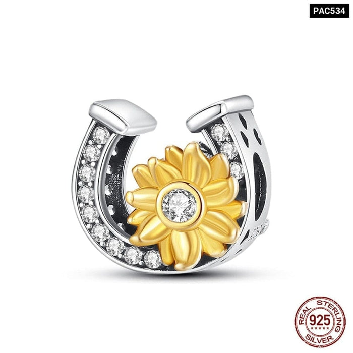 925 Sterling Silver Golden Sunflowers Heart Charms Beads