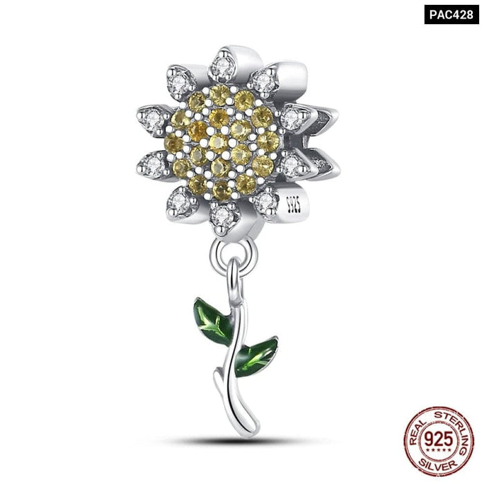 925 Sterling Silver Golden Sunflowers Heart Charms Beads